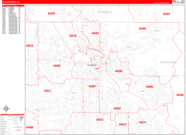 Youngstown City Wall Map Red Line Style
