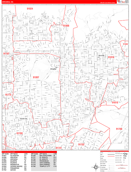 Arcadia Zip Code Wall Map