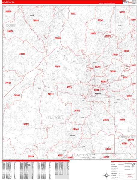 Atlanta Georgia Zip Code Wall Map Red Line Style By Marketmaps Mapsales 2663