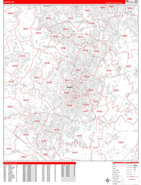 Austin Zip Code Wall Map
