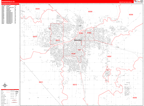 Bakersfield Zip Code Wall Map