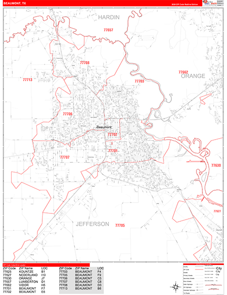Beaumont Zip Code Wall Map