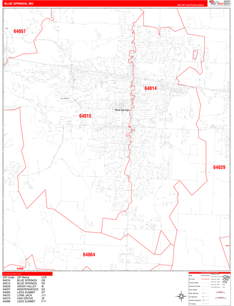 Blue Springs Missouri Zip Code Wall Map (Red Line Style) by MarketMAPS ...