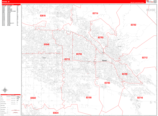 Boise Idaho Zip Code Wall Map Red Line Style By Marketmaps