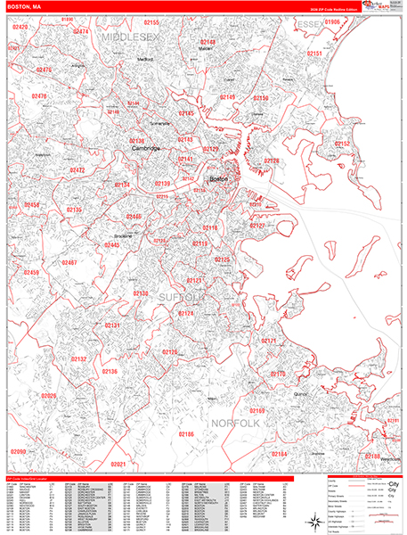 Boston Zip Code Wall Map