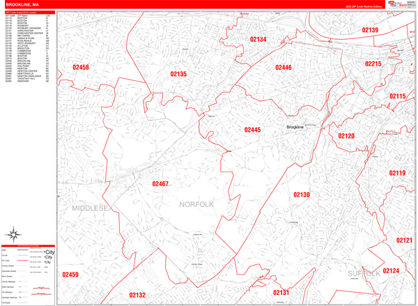 Brookline Massachusetts Zip Code Wall Map Red Line Style By
