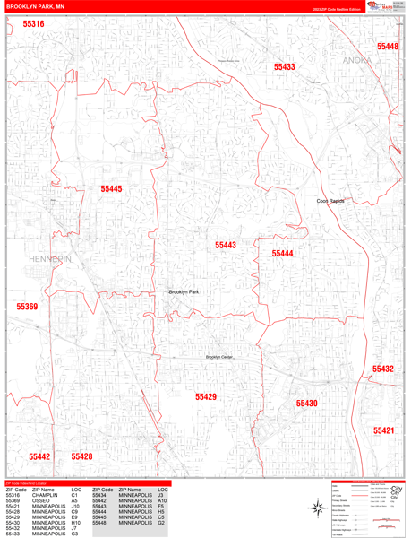 Brooklyn Park Minnesota Zip Code Wall Map (Red Line Style) by MarketMAPS