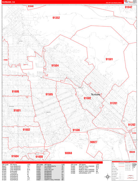 Burbank California Zip Code Wall Map Red Line Style By Marketmaps