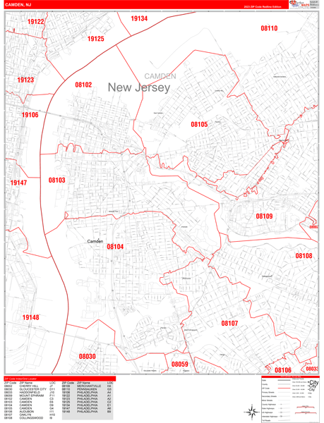 Camden New Jersey Zip Code Wall Map (Red Line Style) by MarketMAPS ...