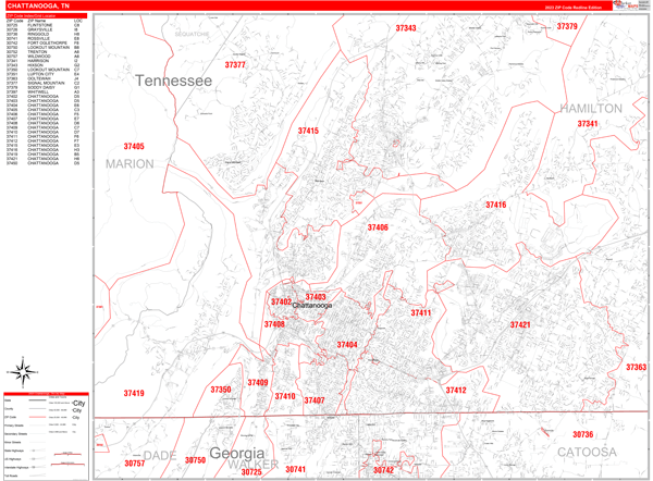 Chattanooga Tennessee Zip Code Wall Map Red Line Style by MarketMAPS 