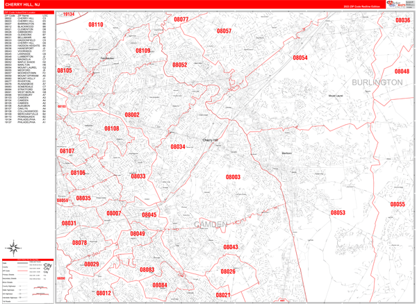 Cherry Hill Zip Code Map Cherry Hill New Jersey Zip Code Wall Map (Red Line Style) by 