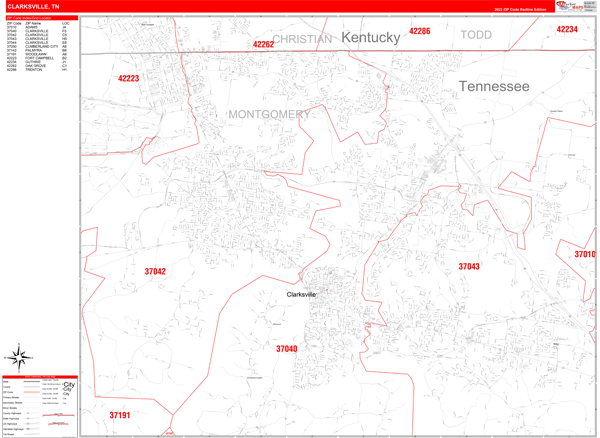 Clarksville Tennessee Zip Code Wall Map Red Line Style By Marketmaps