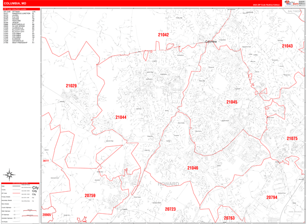 Columbia Maryland Zip Code Wall Map Red Line Style By Marketmaps Mapsales 9951