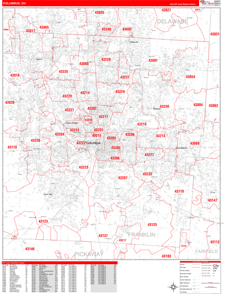 Columbus Ohio Zip Code Wall Map Red Line Style By Marketmaps