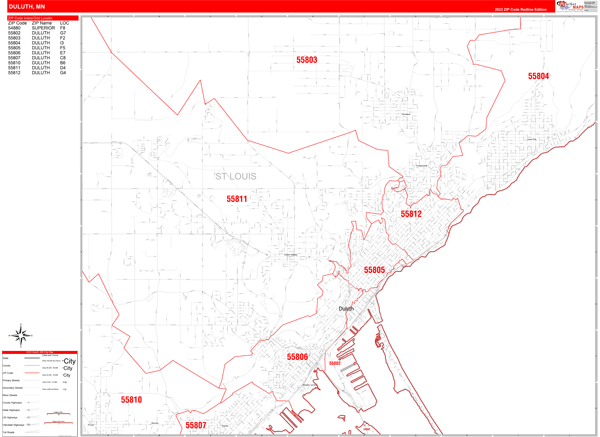 Duluth Minnesota Zip Code Wall Map Red Line Style By Marketmaps