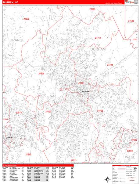 Durham Zip Code Wall Map
