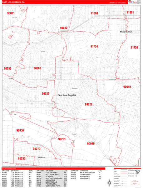 East Los Angeles California Zip Code Wall Map (Red Line Style) by MarketMAPS
