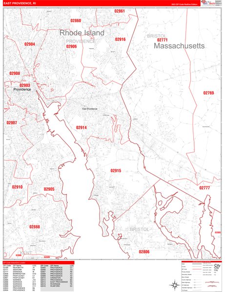 East Providence Rhode Island Zip Code Wall Map (Red Line Style) by MarketMAPS