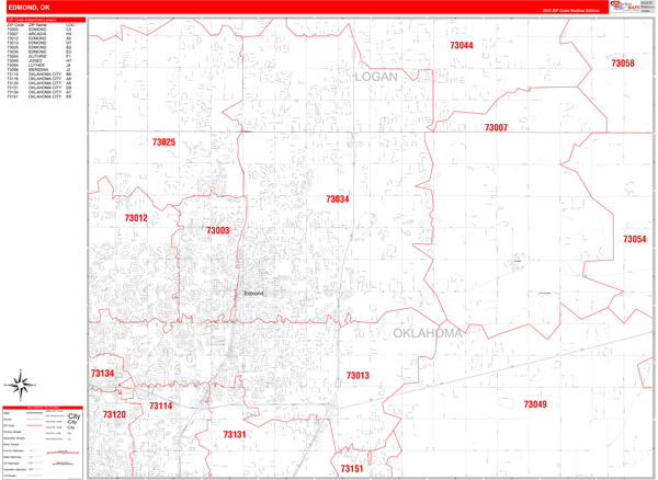 Edmond Oklahoma Zip Code Wall Map Red Line Style By Marketmaps