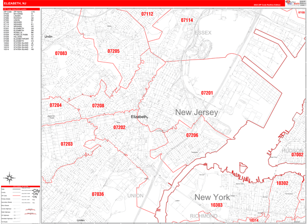 Elizabeth New Jersey Zip Code Wall Map Red Line Style By Marketmaps