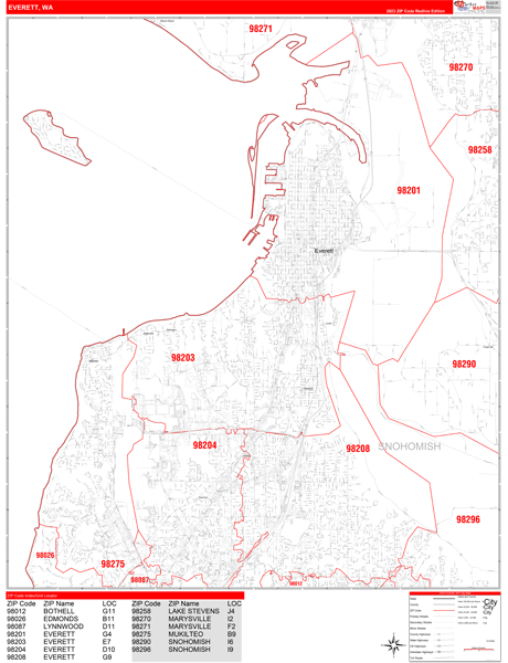 Everett Washington Zip Code Wall Map Red Line Style By Marketmaps