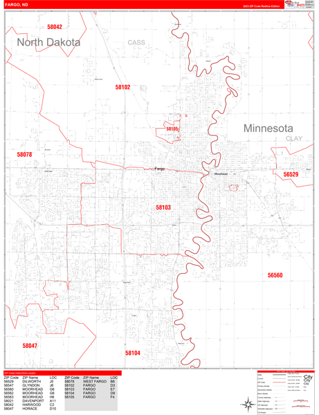 Fargo North Dakota Zip Code Wall Map Red Line Style By Marketmaps