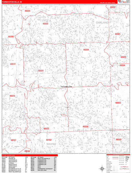 Farmington Hills Michigan Zip Code Wall Map (Red Line Style) by ...