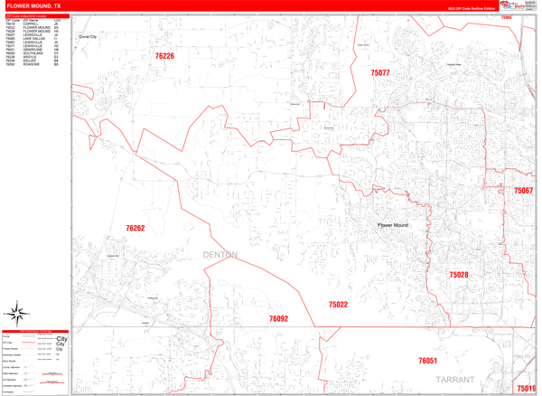 Flower Mound Texas Zip Code Wall Map (Red Line Style) by 