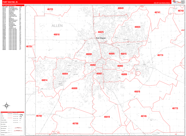 Fort Wayne Indiana Zip Code Wall Map Red Line Style By Marketmaps