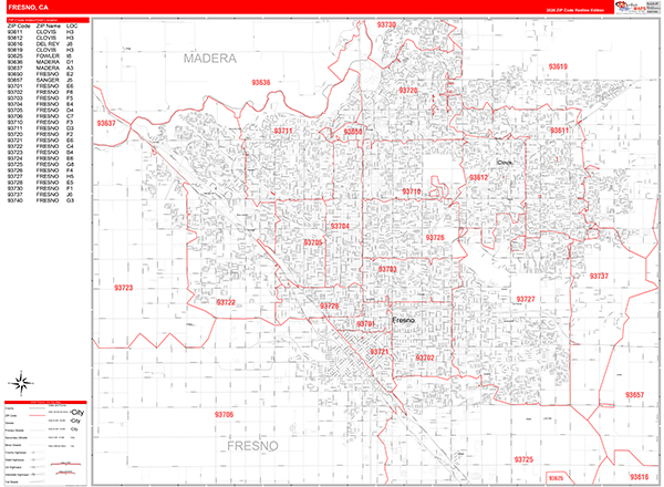 Fresno Zip Code Wall Map