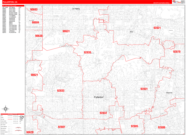 Fullerton California Zip Code Wall Map Red Line Style By Marketmaps