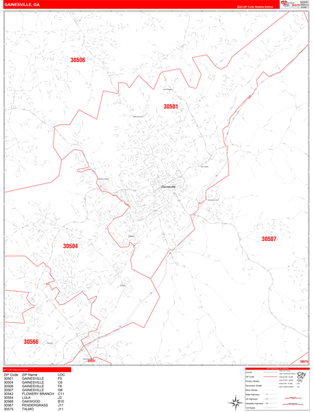 Gainesville Georgia Zip Code Wall Map (Red Line Style) by MarketMAPS