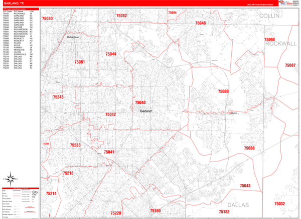 Garland Texas Zip Code Wall Map Red Line Style By Marketmaps Mapsales