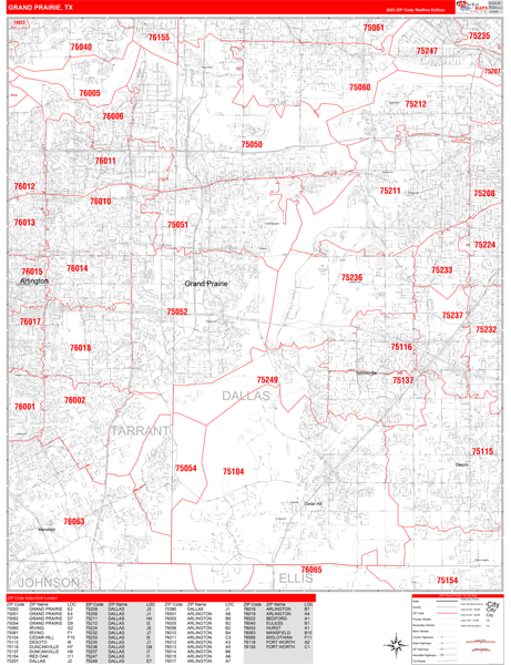 Grand Prairie Texas Zip Code Wall Map Red Line Style By Marketmaps