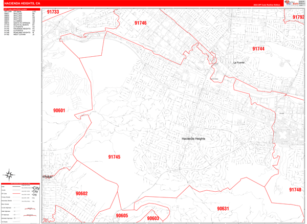 Hacienda Heights California Zip Code Wall Map (Red Line Style) by 