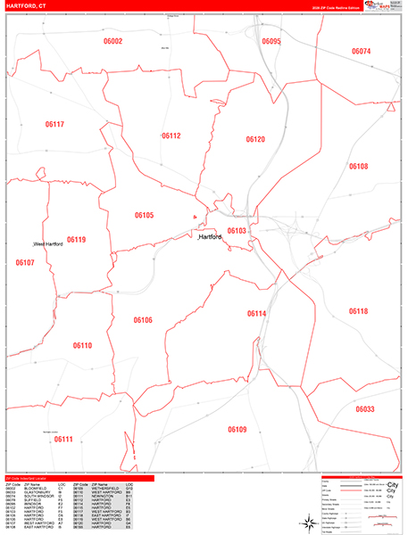 Hartford Zip Code Wall Map