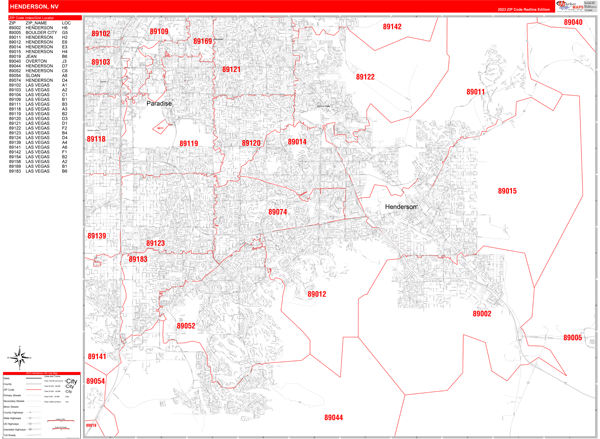 Henderson Nevada Zip Code Wall Map Red Line Style By Marketmaps Mapsales 2315