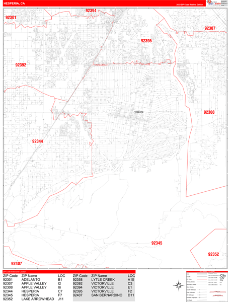 Hesperia California Zip Code Wall Map (Red Line Style) by MarketMAPS