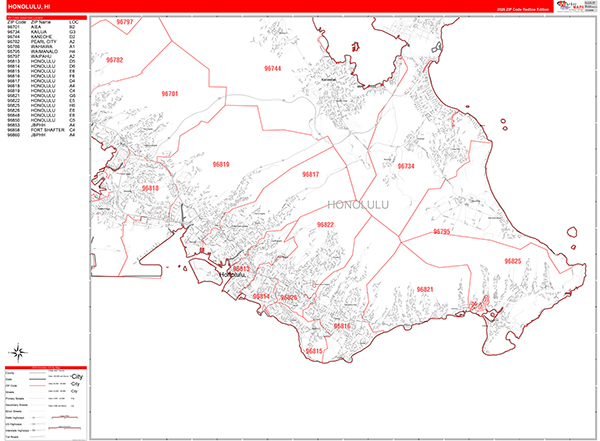 Honolulu Zip Code Wall Map
