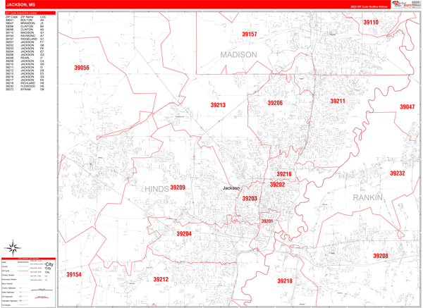 Jackson Mississippi Zip Code Wall Map Red Line Style By Marketmaps