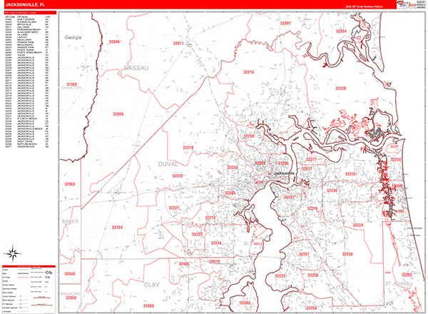 Jacksonville Zip Code Wall Map