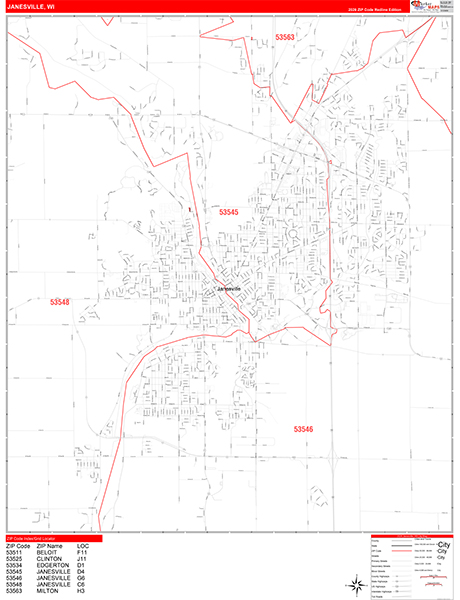 Janesville Zip Code Wall Map