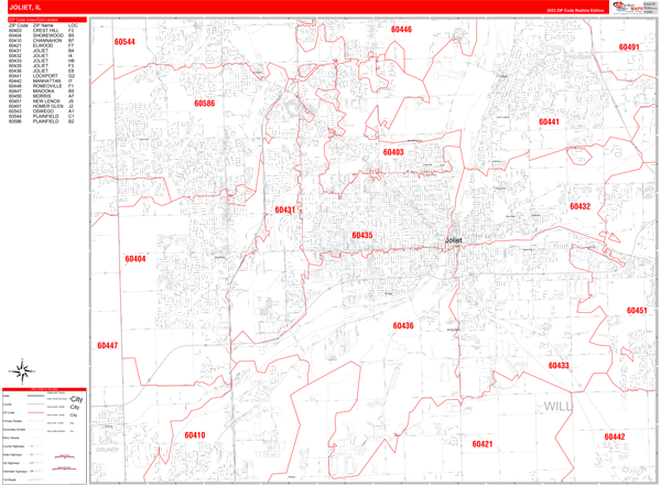 Joliet Illinois Zip Code Wall Map (Red Line Style) by MarketMAPS - MapSales