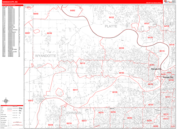 Kansas City Kansas Zip Code Wall Map (Red Line Style) by MarketMAPS ...