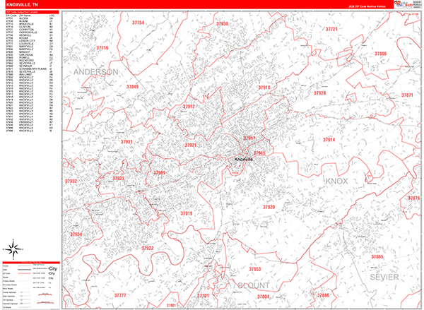 Knoxville Zip Code Wall Map