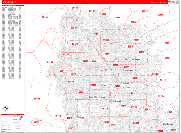 Las Vegas Nevada Zip Code Wall Map (Red Line Style) by MarketMAPS