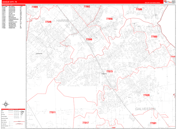 League City Tx Zip Code Map League City Texas Zip Code Wall Map (Red Line Style) by MarketMAPS