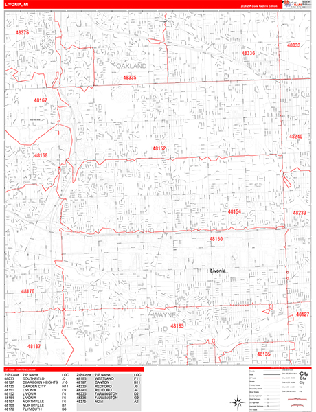 Livonia Zip Code Wall Map