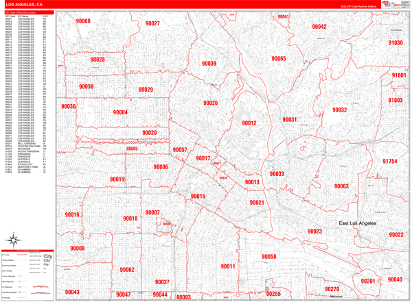 Los Angeles California Zip Code Wall Map (Red Line Style) by MarketMAPS