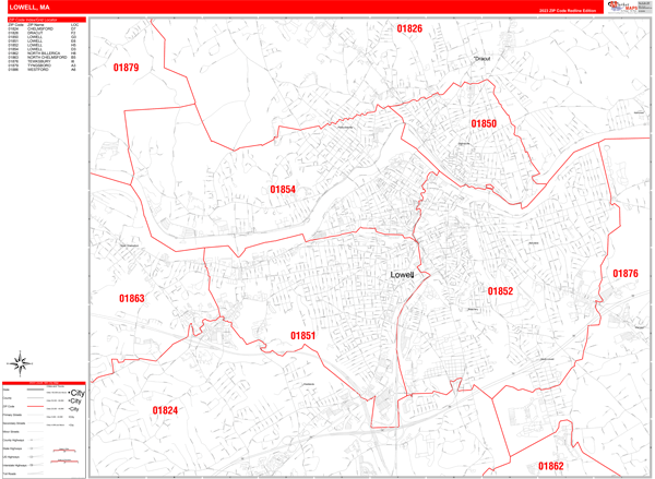 Lowell Massachusetts Zip Code Wall Map (Red Line Style) by MarketMAPS ...